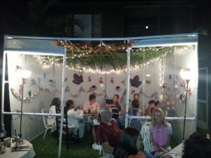enjoying the evening in and around the sukkah
